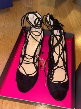 Vince Camuto Black Suede Lace-Up Peep Toe Heels